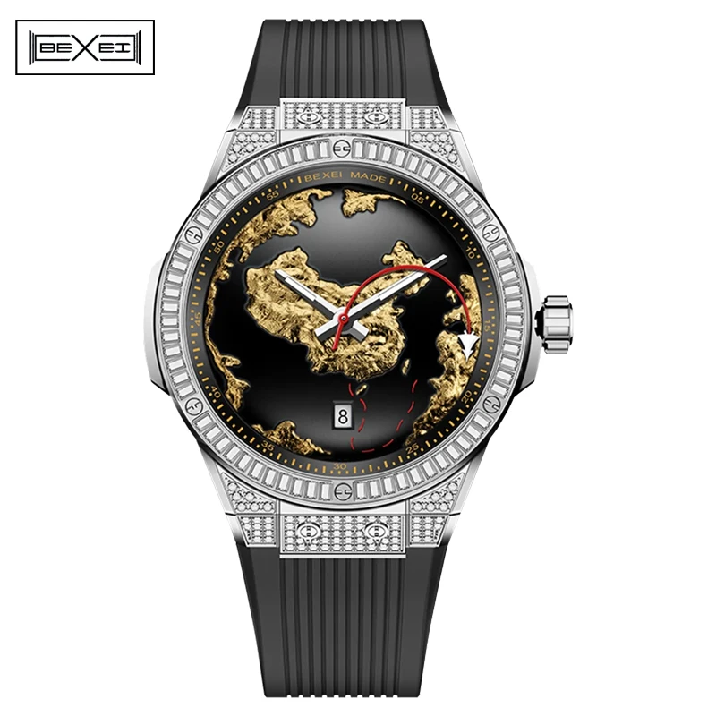 Bexei Automatik-Herrenuhr 9180, Zifferblatt mit Erde und Meer, mechanisches Skelettwerk, leuchtende Uhren für Herren, wasserdicht, mit Kalender