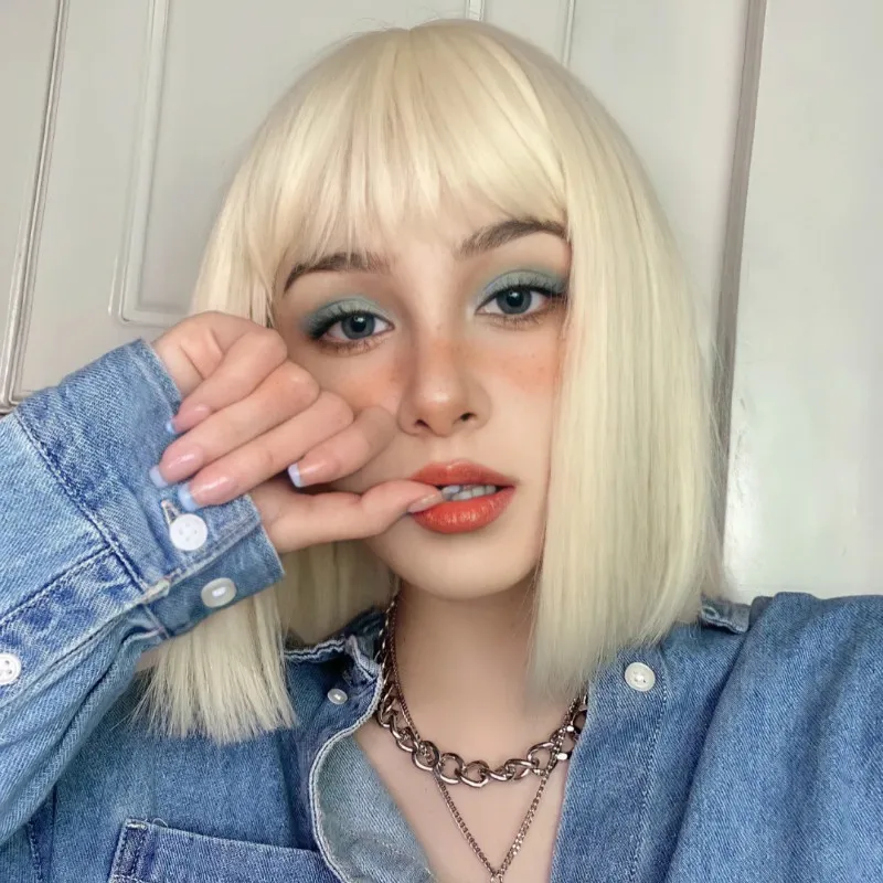 Light blonde fashion synthetic wig Short female Bob hair Female short straight high temperature silk wig head cover
