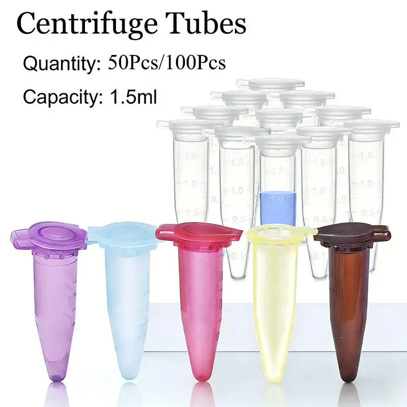 50pcs/100pcs Mixed Color Plastic Centrifugal Test Tube Sample 1.5ml Vial With Snap Cap For Samples Use For Lab Equipment
