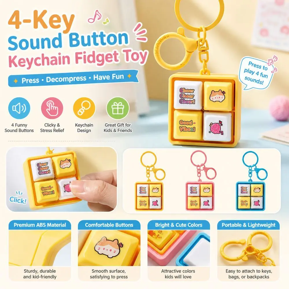 Plastic Sound Button Keychain Press Activated Sound Cartoon Pattern Cartoon Keychain Square Shape Keyring Clip Fidget Keychain