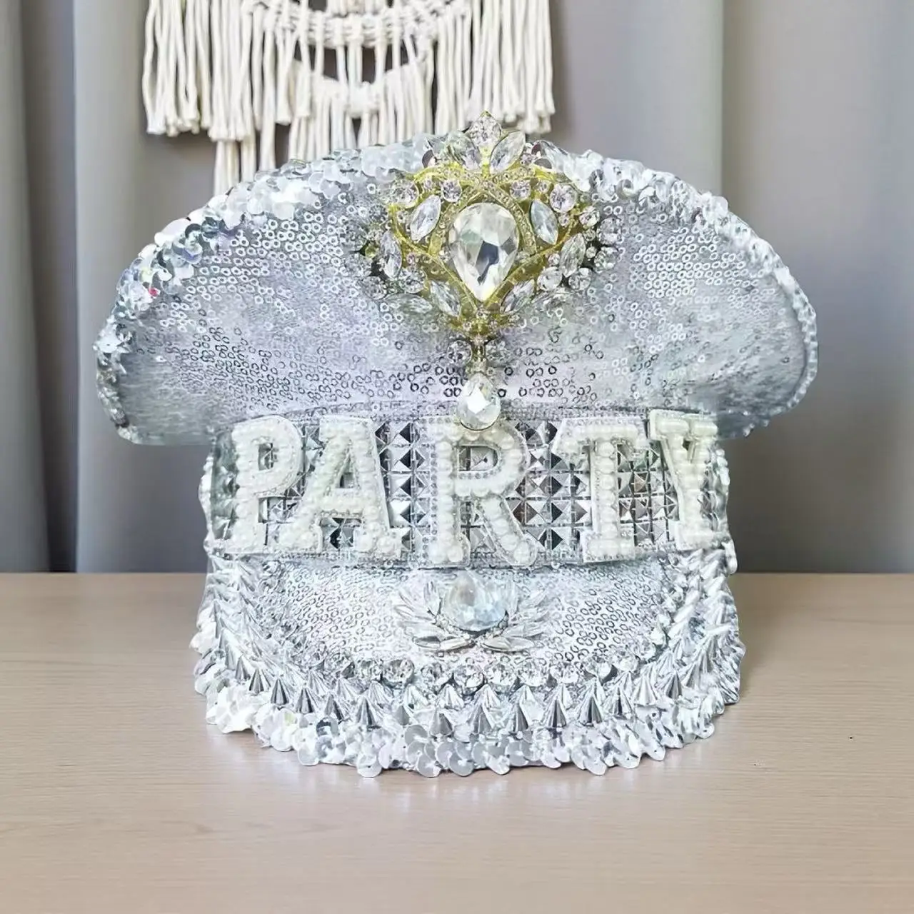 ホンルアン イエローレーザーレザーループキャプテンハット ラインストーン＆ミリタリーキャップ 女性用、レイブフェスティバルアクセサリー＆パーティーキャップ男性用