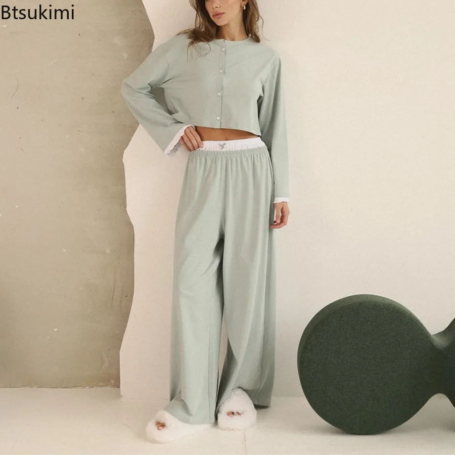 New 2026 Spring Women's Cotton Cardigan Pajama Home Wear Fake Two-piece Long Sleeved Long Pants Solid Color Pajama Set for Women
