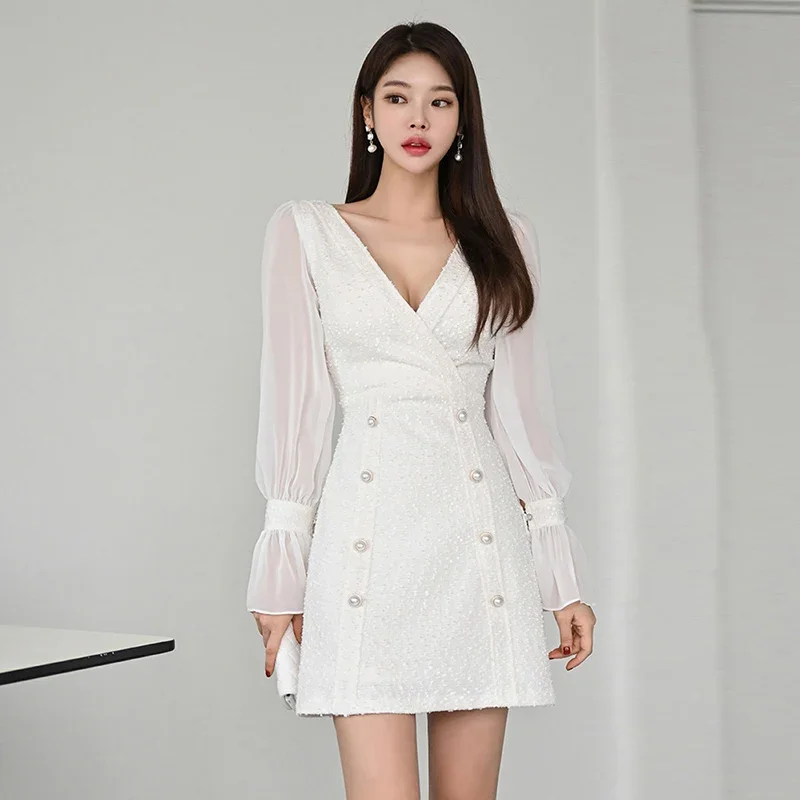 Korea Spring Autumn Womens V-Neck Flare Sleeve Double Breasted Fashion Business A Line Bodycon Dress Patchwork Elegant Vintage