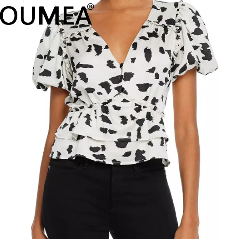 OUMEA Women Cow Print V Neck Satin Crop Blouse Puff Sleeve Ruffle Hem Going Out Sexy Blusas Top Vintage Cow Print Women Shirts