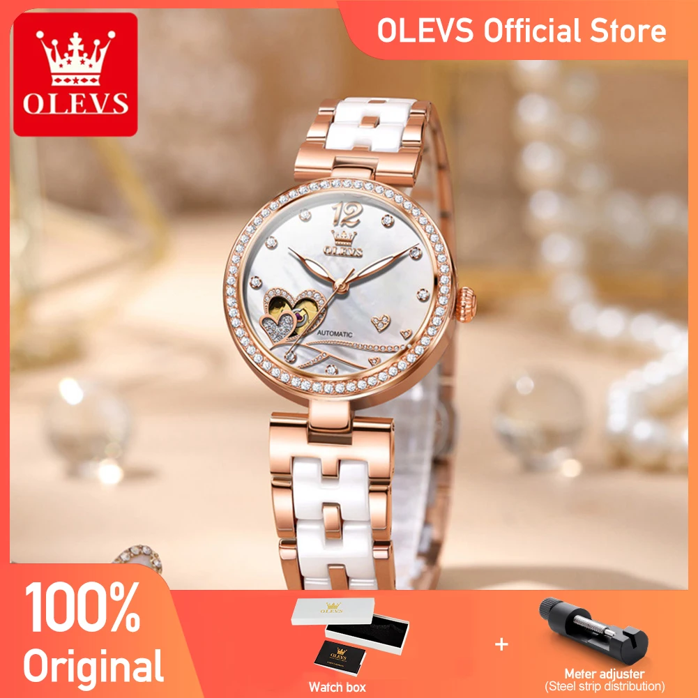 OLEVS 7086 Women Watches Luxury Fashion Automatic Mechanical Watch Ceramics Strap Diamond B ezel Watches For Women Gifts Box New