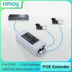 1 to 2 Port POE Extender 100/1000Mbps IEEE 802.3af/at Standard 48V for NVR IP Camera POE Extend 100 Meters for POE Range