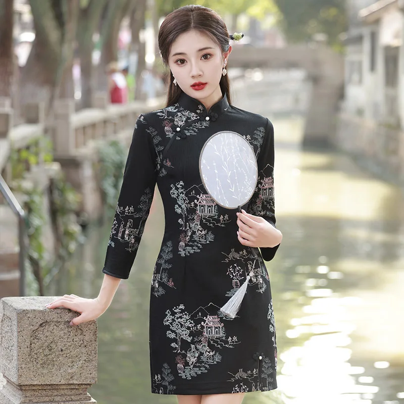 Chinese Short Qipao Women Mandarin Collar Nine Points Sleeve Cheongsam Elegant Daily Dress