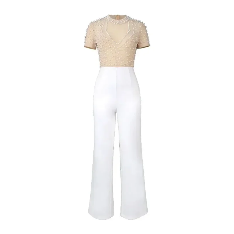 

African Party Evening Clothes for Women Elegant Autumn Short Sleeve O-neck Black White Polyester Jumpsuit African Clothing