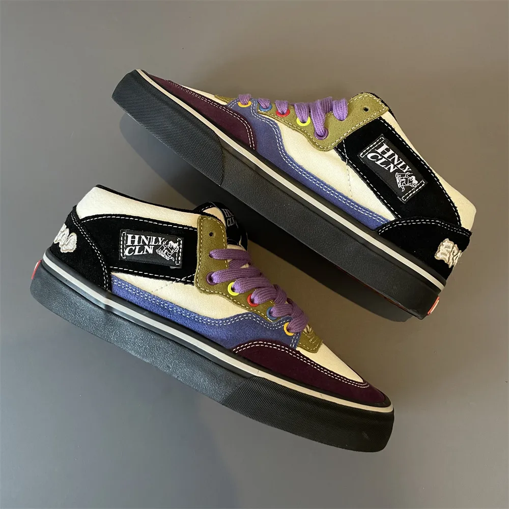 Color Block Retro Suede Embroidered Mid-Top Skate Shoes, All-Season Non-Slip Wear-Resistant Sneakers, Light Luxury Niche Unisex