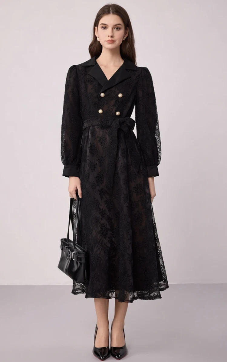 

Элегантное длинное платье-рубашка макси с вырезами для женщин, летнее/осеннее, в стиле ретро, с жемчужными пуговицами, вышивкой и кружевом, для вечерних мероприятий