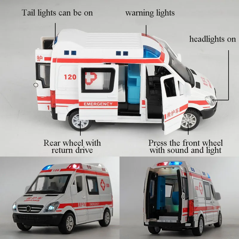 1:32 Simulation Ambulance Model Alloy Pull Back Sound And Light Die-casting Car Toy Police Special Car Children's Toy Gift