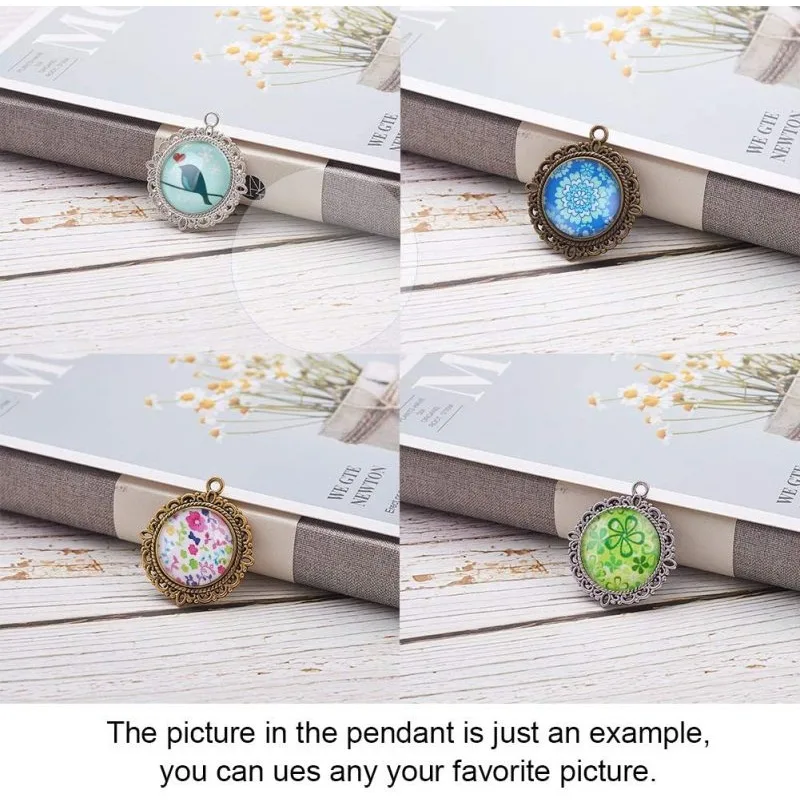 50pcs 20mm Pendant Trays 25pcs Photo Charms Flat Round Pendant Bezel 25pcs Glass Cabochon Dome Tiles Clear Cameo for Wedding