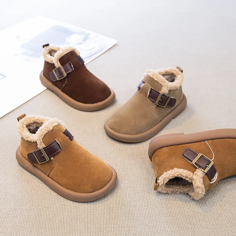 Toddler Kids Winter Ankle Booties Fleece Lined Warm Double Buckle Strap Non‑Slip Thick Sole For Cold Weather Daily Outdoor Wear