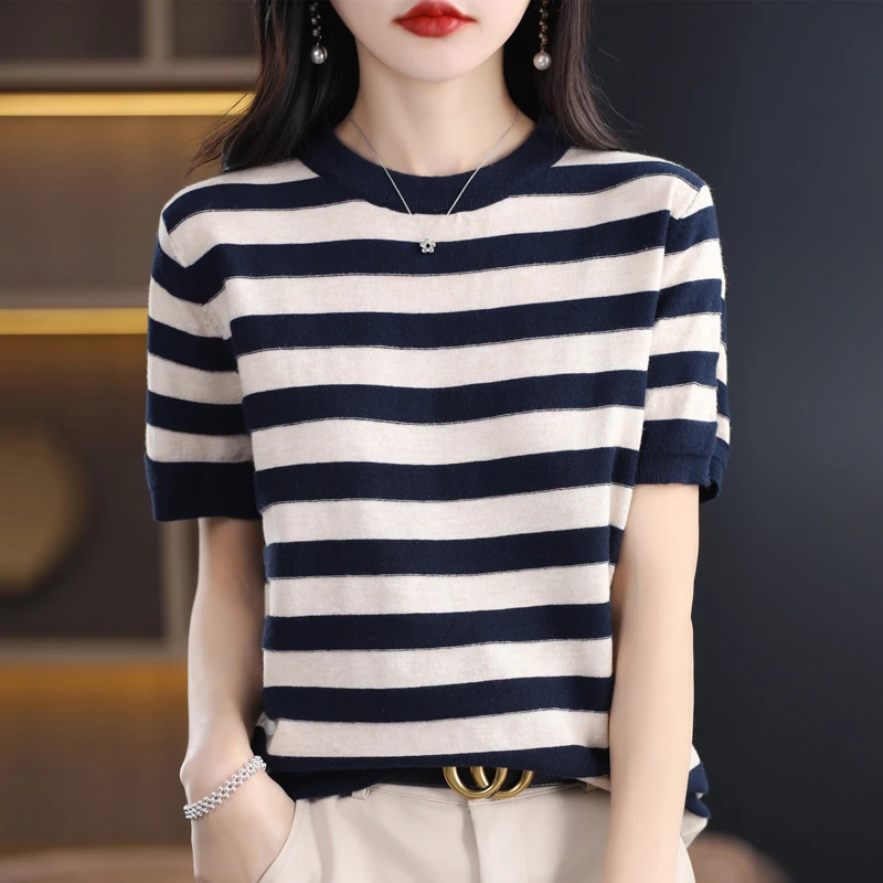 

Knitted Sweater Women Pullovers Fashion O-Neck Striped Sweaters Knit Sweater Pullover Women Tops Short Sleeve Knitwears Q3418