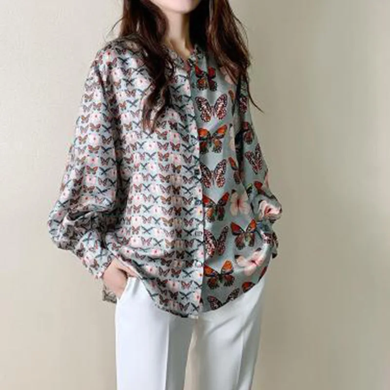 Spring Autumn Female Clothing Butterfly Print Chiffon Lantern Long Sleeved Shirt Korean Stand Collar Patchwork Button Blouses