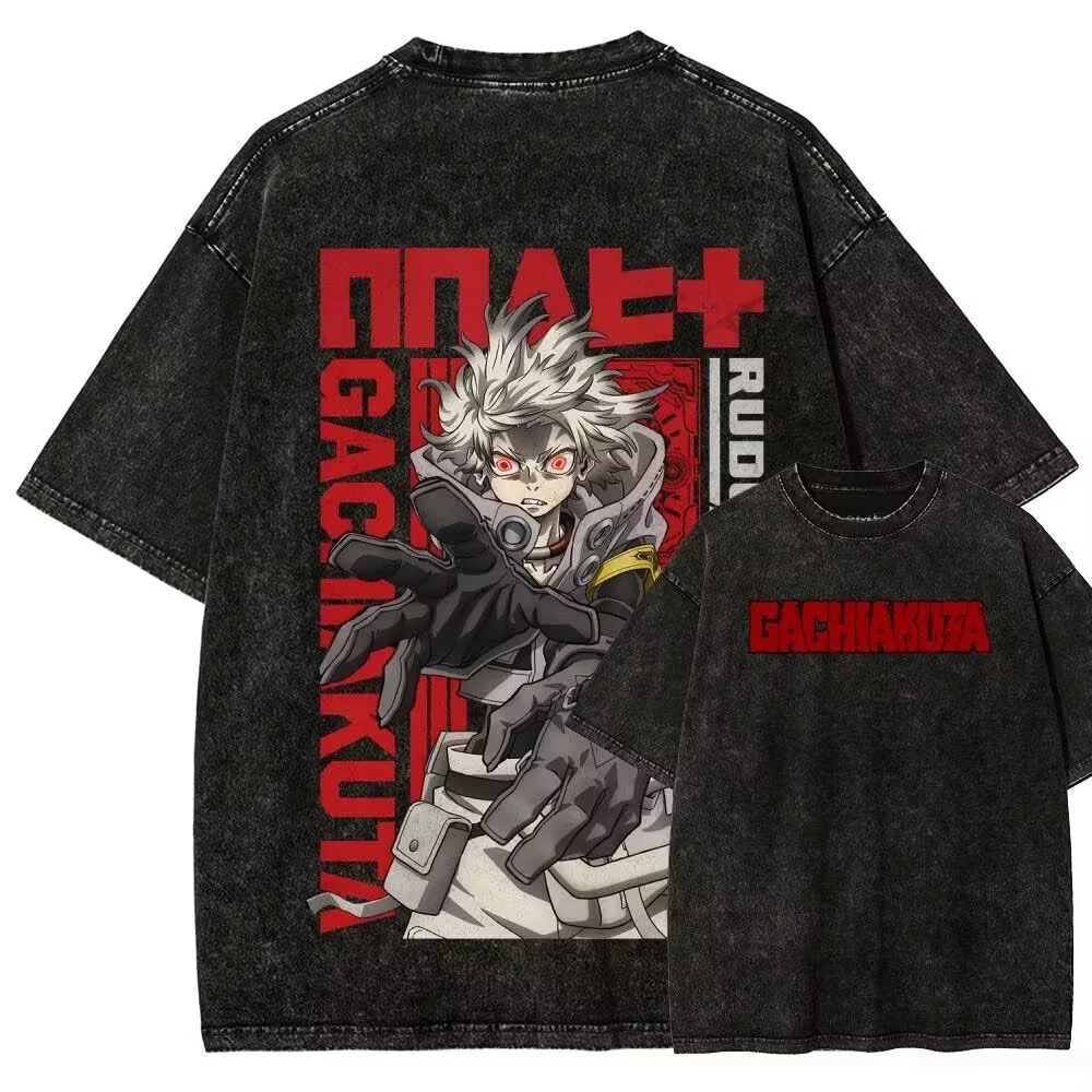 Rare GACHIAKUTA Printed T-shirt Washed Heavyweight Pure Cotton Short-Sleeved Loose-Fitting Men's and Women's Top
