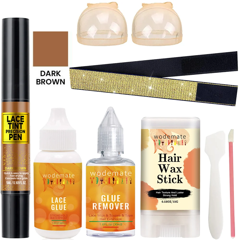 

7pcs/Kit Wig Glue Waterproof Lace Tint Mousse Pen Brown Lace Tint Precision Pen 15g Hair Wax Stick Hair Cap Wig Install Set Kit