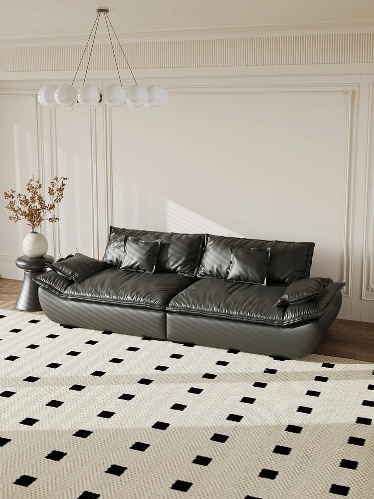French retro cream style living room first layer cowhide black sailboat leather sofa super deep sitting wide straight row small