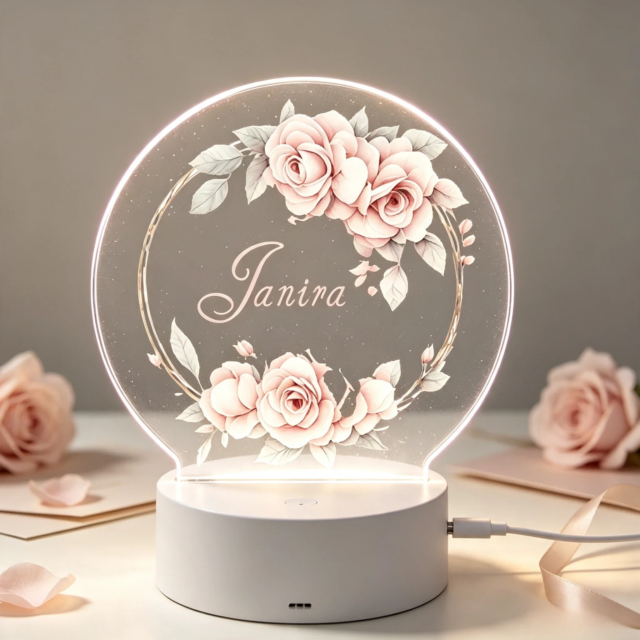 Elegant Pink Rose Garland Acrylic Nightlight Custom Name Gift For Her,Personalized Name Pink Rose Wreath Round Acrylic LED Night Light