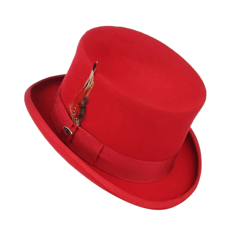 純毛羽根付きフラットトップハット暖かい大統領スタイルコスプレ英国紳士キャップ春秋シンプルなデザイン中国製