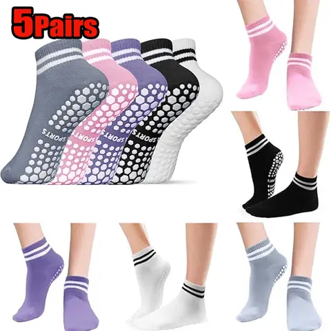 5 Pairs Yoga Socks Women Double Stripes Non Slip Pilates Socks Sport Running Gym Athletic Short Grip Sock