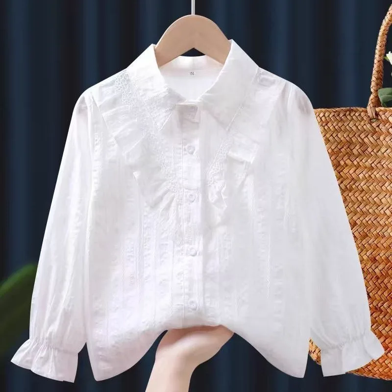 Girl's Cotton Puff Sleeve Cardigan Shirt Spring Autumn Long Sleeve Base Layer Children's Open Collar Shirt Stylish Comfy​