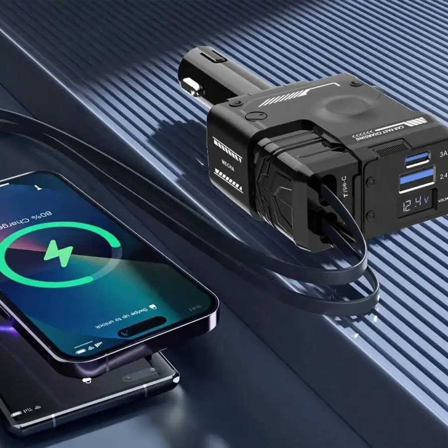 

120W 4-Port Car Charger With Auto-Retractable Cable, Real-Time Voltage Display, And Rotating Magnetic Mount For iPhone, Galaxy,