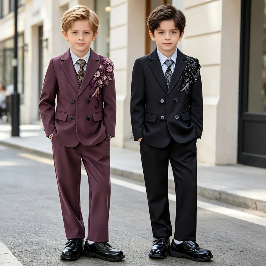 Boys' Sequins Suit Black Elegant Piano Recital Performance Tuxedo for Kids Pageant Blazer Toddler Birthday Wedding Party Outfits