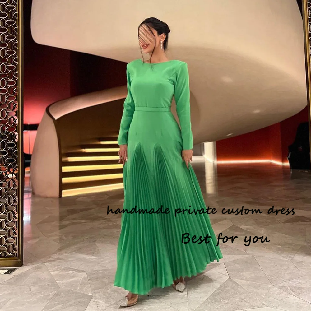 

Green Mermaid Saudi Arabic Evening Dresses Pleats Satin Long Sleeve Dubai Formal Dress Backless Elegant Women Prom Party Gowns