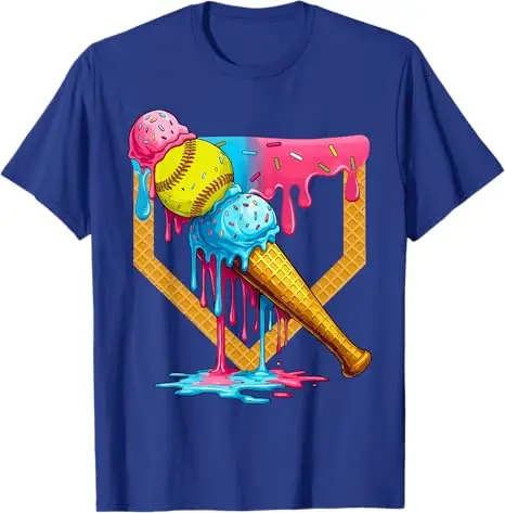 Cute Ice Cream Softball Home Plate Drip Game Day Softball T-Shirt Sportswear Clothes Summer Fashion Holiday Apparel Novelty Gift