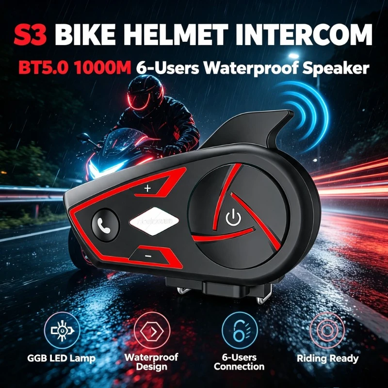 Helmet‑Mount BT5.0 Communication Unit, Houtonsen S3 For Night Mountain Ride Anti‑wind‑noise Group Intercom