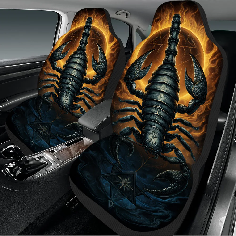 2pcs Halloween Fiery Scorpion Design Print Car Seat Covers – Fit For Cars, Trucks, Vans, And SUVs | Durable Front Seat Protecto