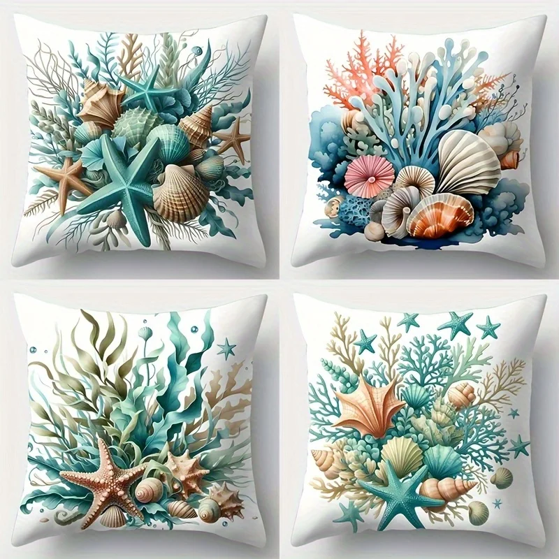 Coastal Seashell Starfish Coral Pillow Covers, Beach Ocean Decorative Throw Pillow Cases, Nautical Home Decor Cushion Covers