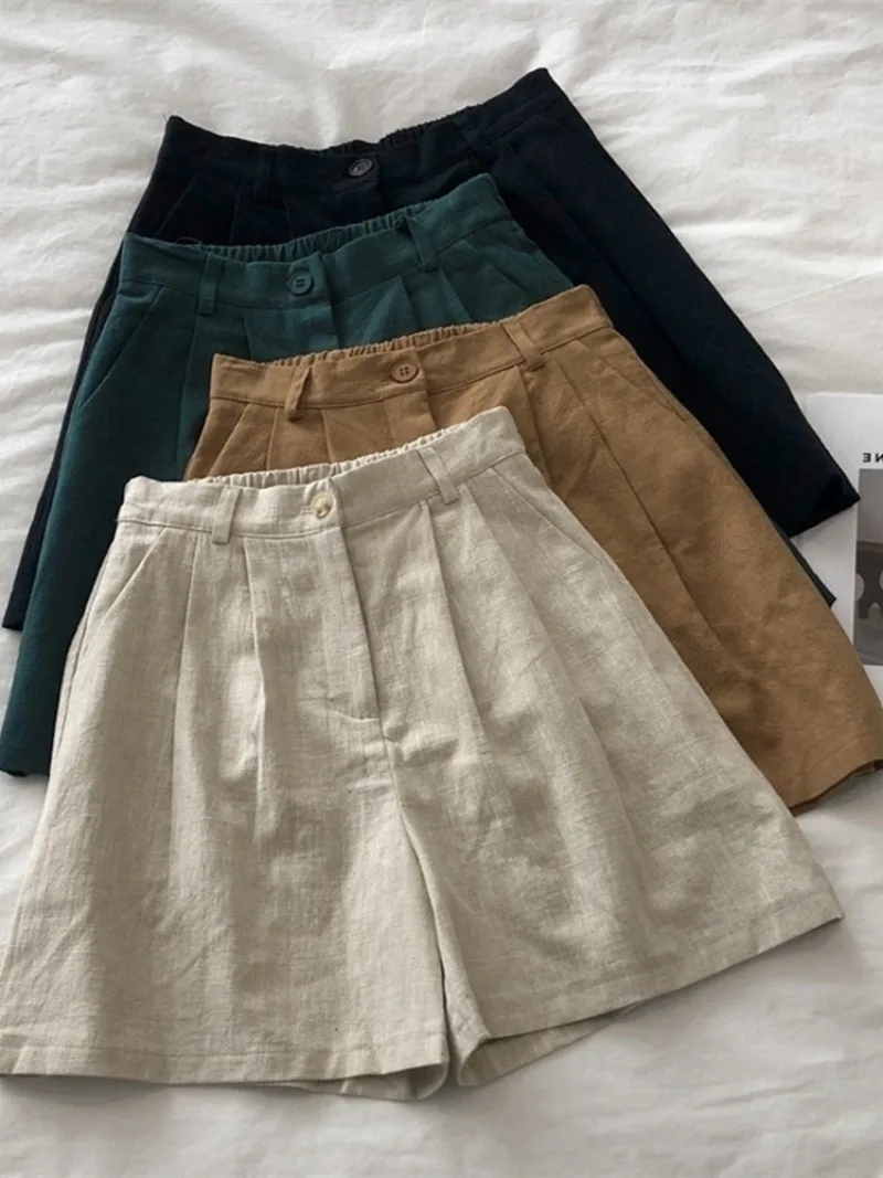 

Japanese Retro Cotton and Linen Shorts for Women's Summer High Waisted Thin Linen Wide Leg Casual A-line Shorts Female Clothing