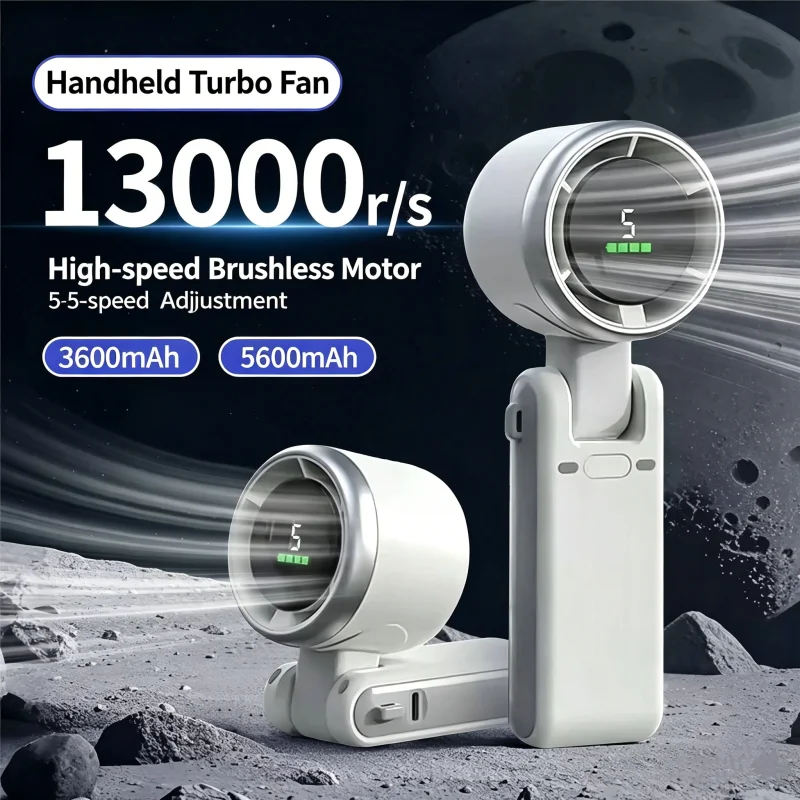 Portable Mini Turbo Handheld Fan USB Rechargeable Digital Display 5-Speed High Wind Foldable Hanging for Camping Travel outdoors