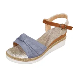 Color Block Knot Detail Espadrille Strap Wedge Sandals For Women Casual Open Toe Sandals Roman Platform Sandals