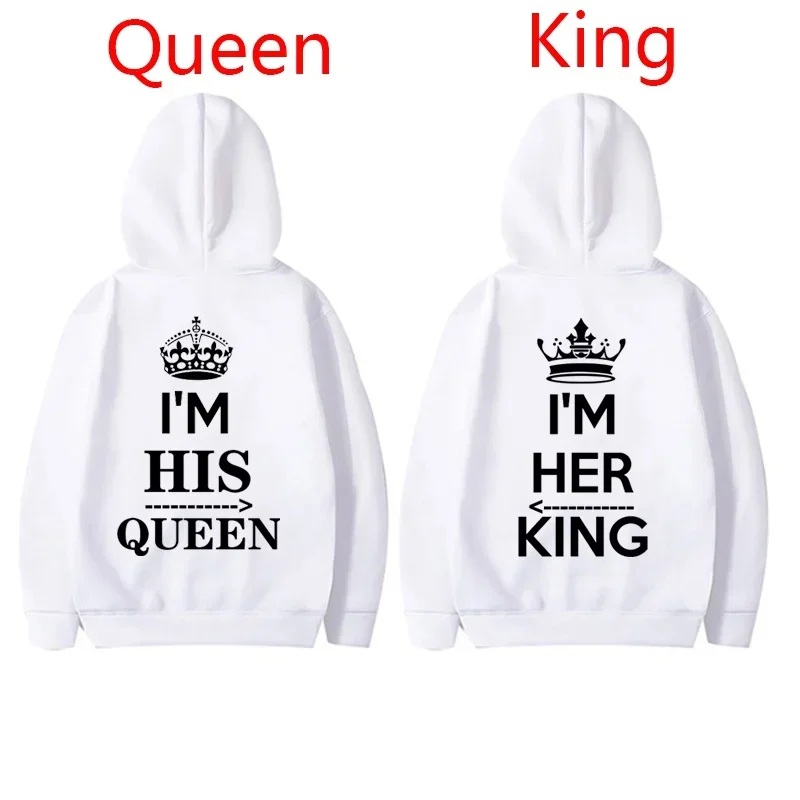 NEW Couples Hoodies I\'M HIS QUEEN And I\'M HER KING Print Hooded Long Sleeve Couple Queen King Sweatshirt Women Men Pullover