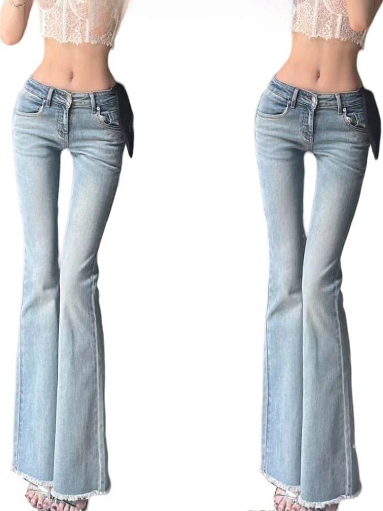

Extended Length Flare Leg Denim Jeans Women's Low Rise Cotton Stretch Durable Korean Sle with Built-in Hip Padding Hot Girl
