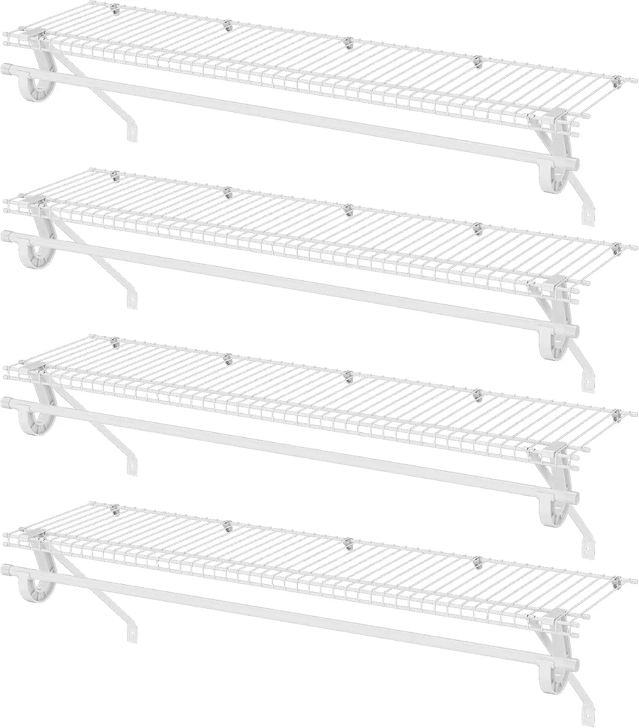 Wall-Mounted Closet Shelf Organizer with Hanging Rod, 4-Pack White Wire Shelving Kit, 4 ft x 12 in, Metal Wall Storage Shelf for Home, Pantry, Laundry Room