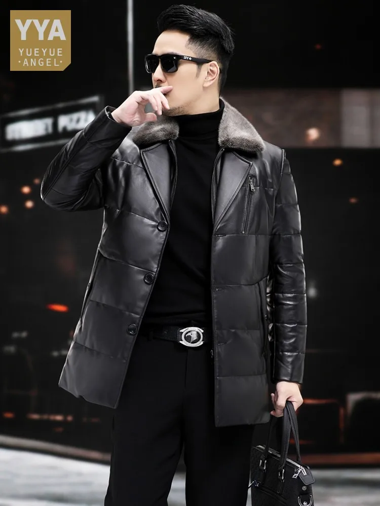 Designer Winter Men Genuine Leather Down Jacket Mink Fur Collar Warm Overcoat Single Breasted Biker Riding Coat Plus Size 5XL