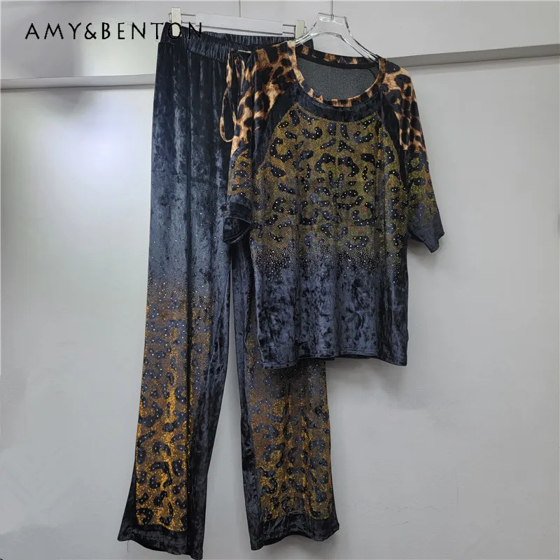 

2025 New Design Women's Fashion Slimming T-shirt Outfits Heavy Industry Rhinestone Leopard Print Top Wide-Leg Pants 2-Pieces Set
