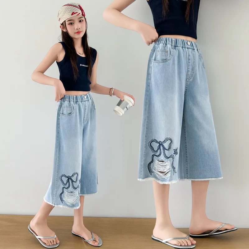 Summer Kids Wide Leg Cropped Jeans Shorts With Rhinestone Bow For Teens Girl Casual Streetwear Denim Shorts Child Hole Capris view 2