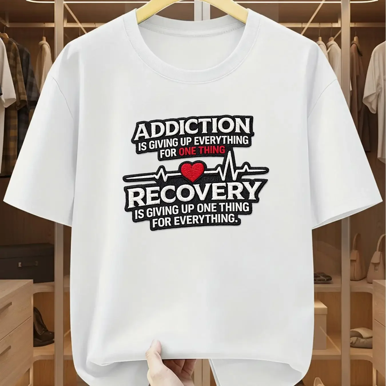 Addiction Recovery Quote Graphic T Shirt Men Heart ECG Letter Print Inspirational Street 100% Cotton Short Sleeve Tee