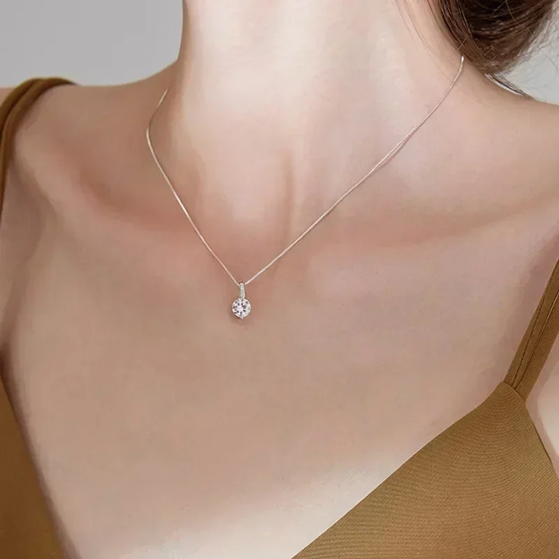 New Women 925 Sterling Silver Jewelry Zircon Fine Round Pendant Necklace Fashion Rhinestone Clavicle Chain Neck Birthday Gift