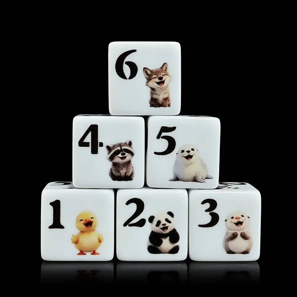 12Pcs 16MM D6 Acrylic Printed Dice With Cute Cartoon Baby Animal Pattern For DND RPG Tabletop Board Game Party Gaming Accessory