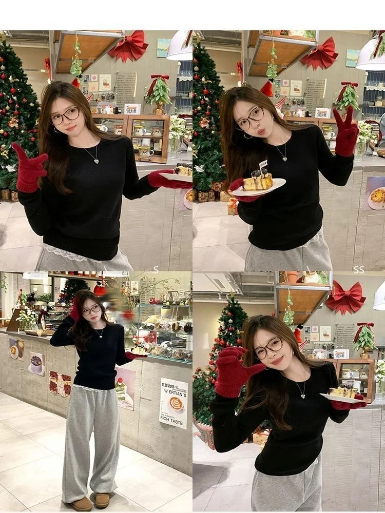 Damen-Strickoberteil mit Fce-Futter, rund, Slim-Fit, Basis, Irt, Weiß, Herbst-Winter-Innenbekleidung, bequemes, dehnbares Oberteil