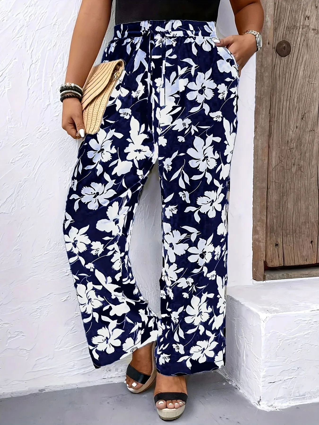 

High Waist Floral Print Wide Leg Pants Casual Straight Leg Plant Floral Polyester Fiber B Class Ladies Loose Fit Daily Wear