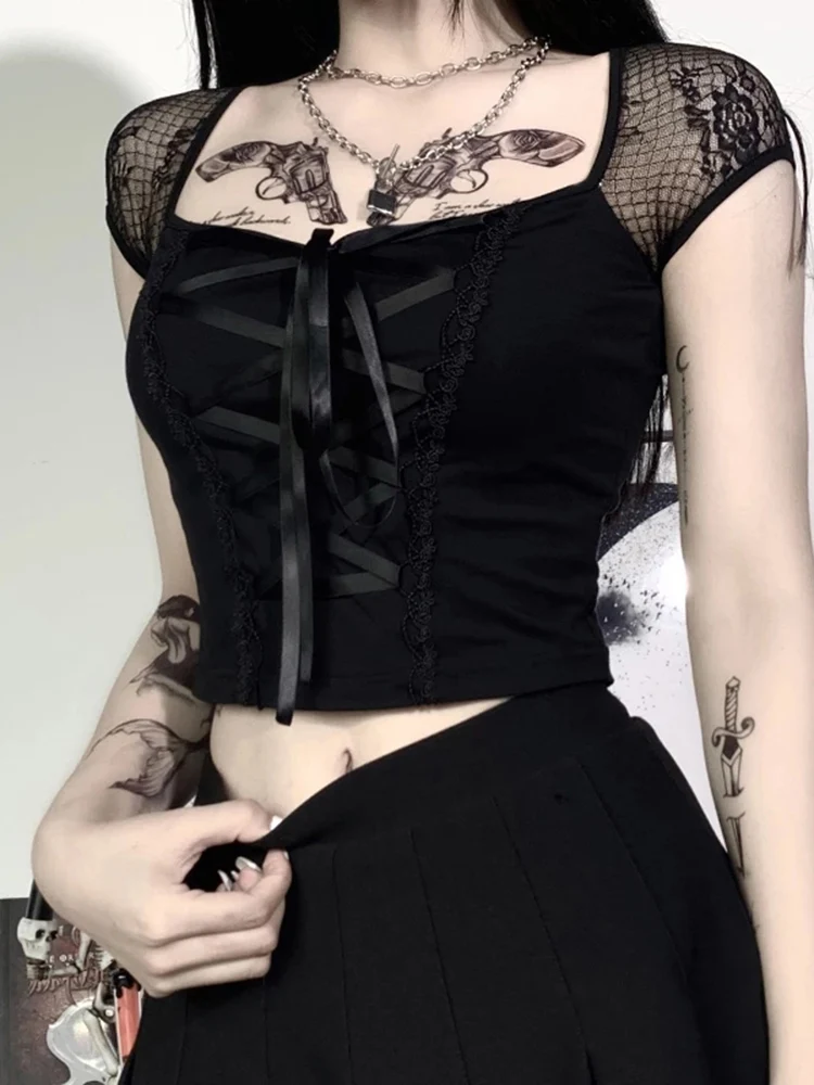 Vintage topy Goth T-shirt damski Bodycon bandaż koronkowe czarne t-shirty gotycka odzież uliczna seksowny top damski Casual koszulka z siateczką