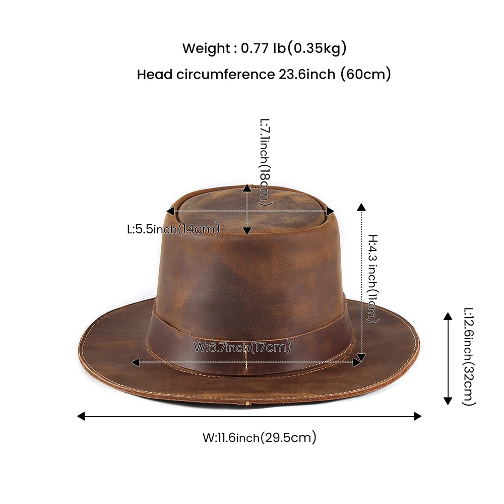 JOYIR Genuine Leather Men\'s Classic Cattleman Cowboy Hat Handcrafted Western Shapeable Durable Large 60CM Outdoor Cap