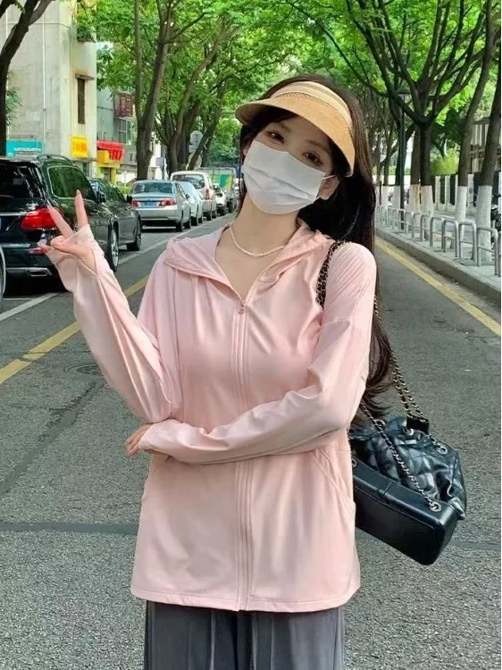 

Women's Loose Thin Ice Silk Sun Protection Shirt Breathable Summer New Style Outerwear Long Sleeve Hooded Zipper Closure Wind...